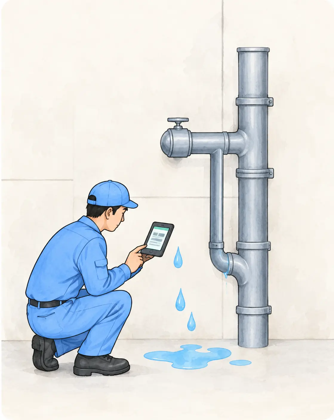 漏水箇所を調査する作業員