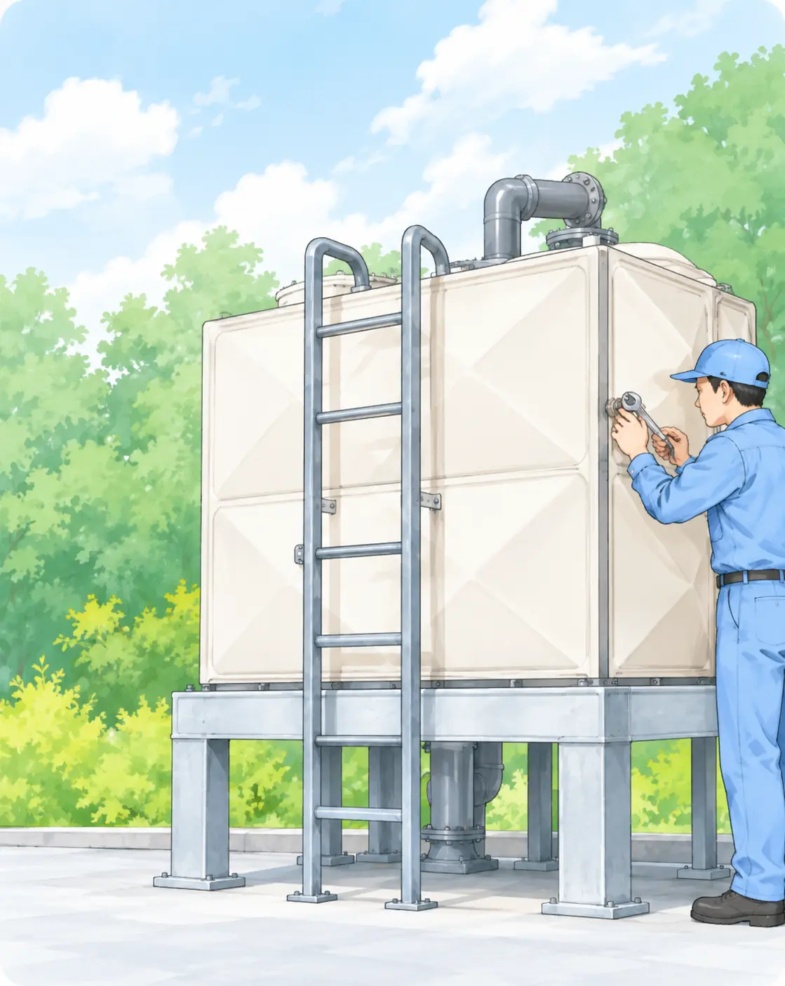 貯水槽を点検する作業員